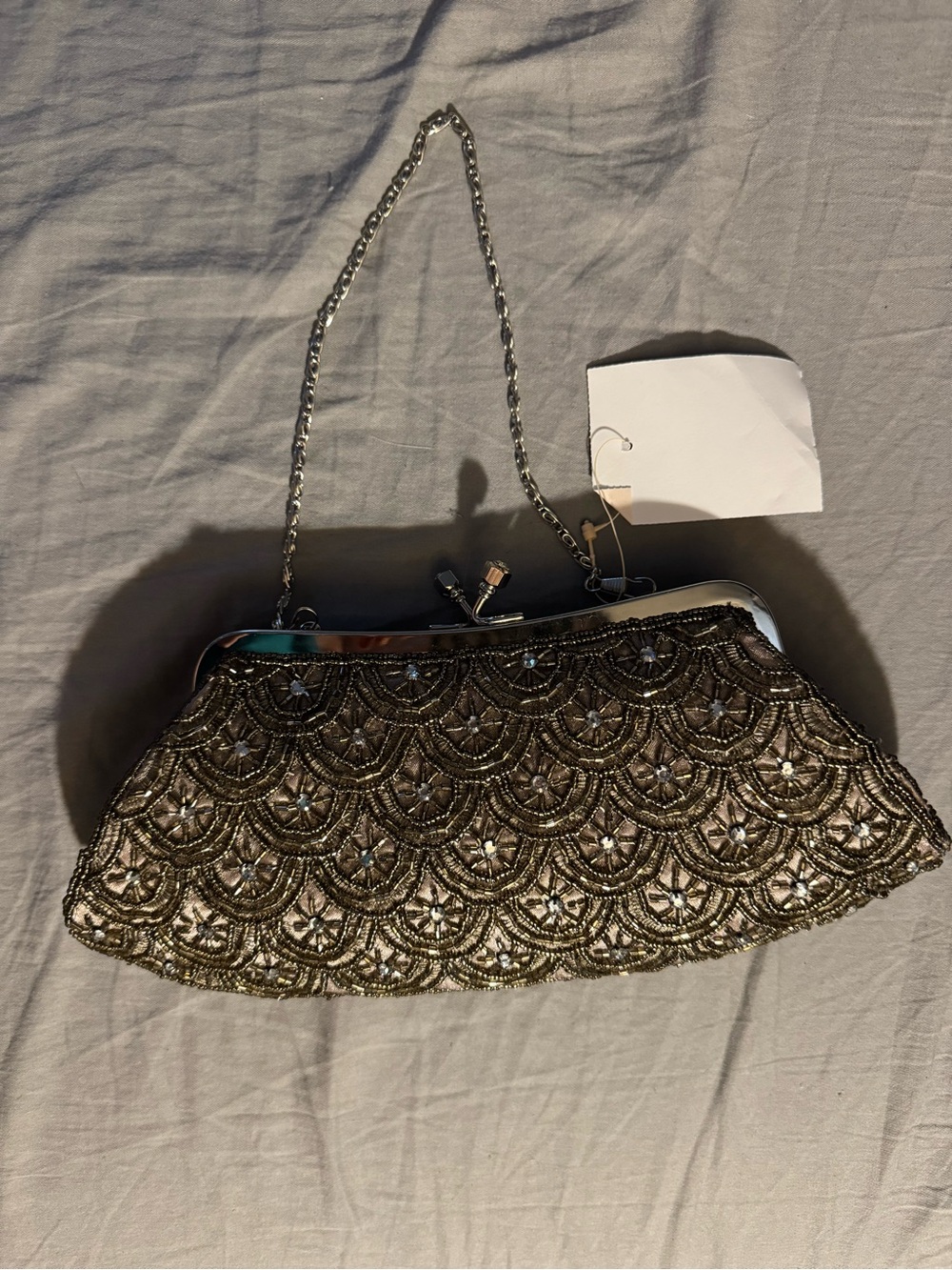 Gold Beaded Evening Clutch with Chain Strap